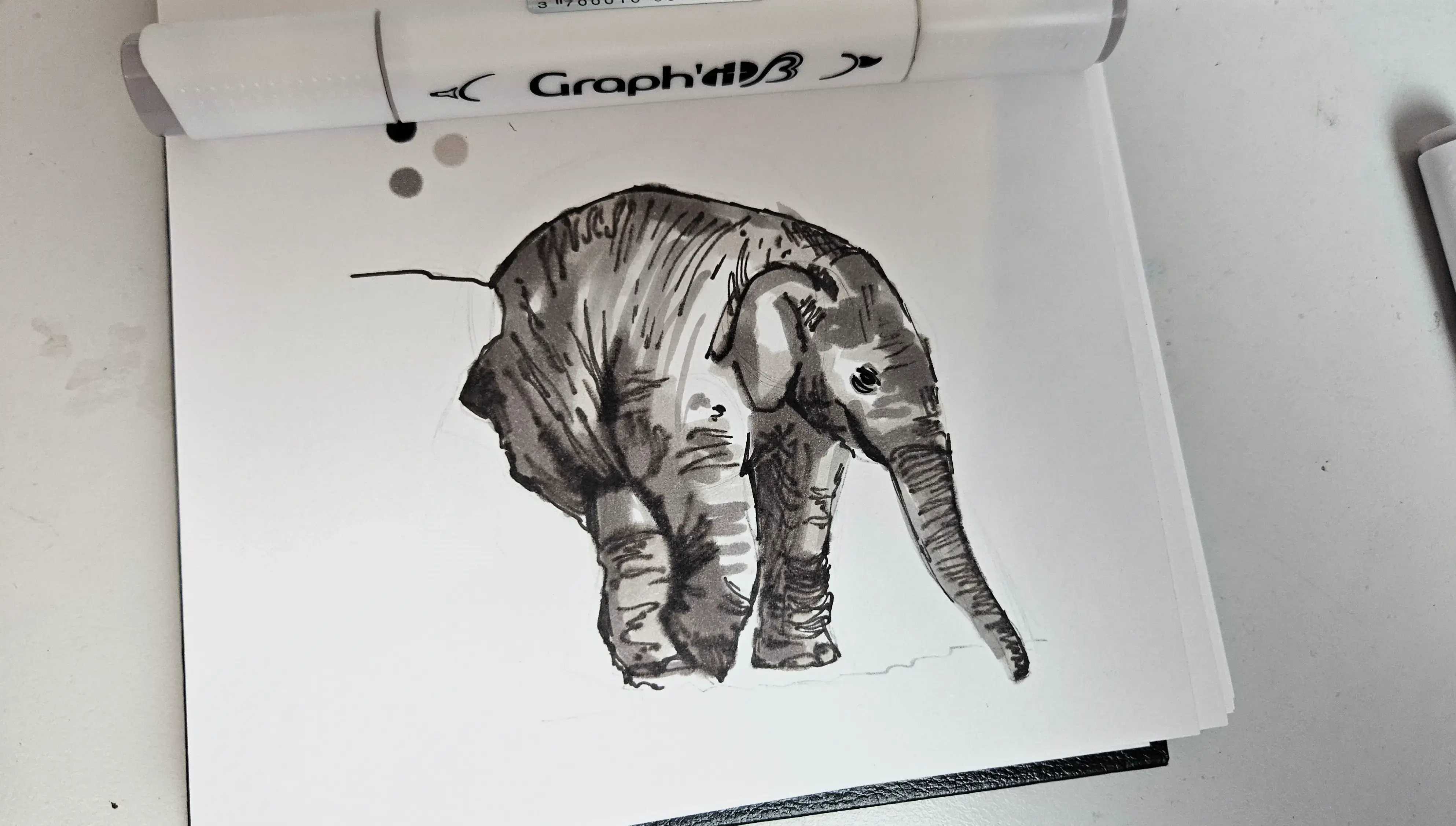 drawing of a baby elephant using alcohol markers