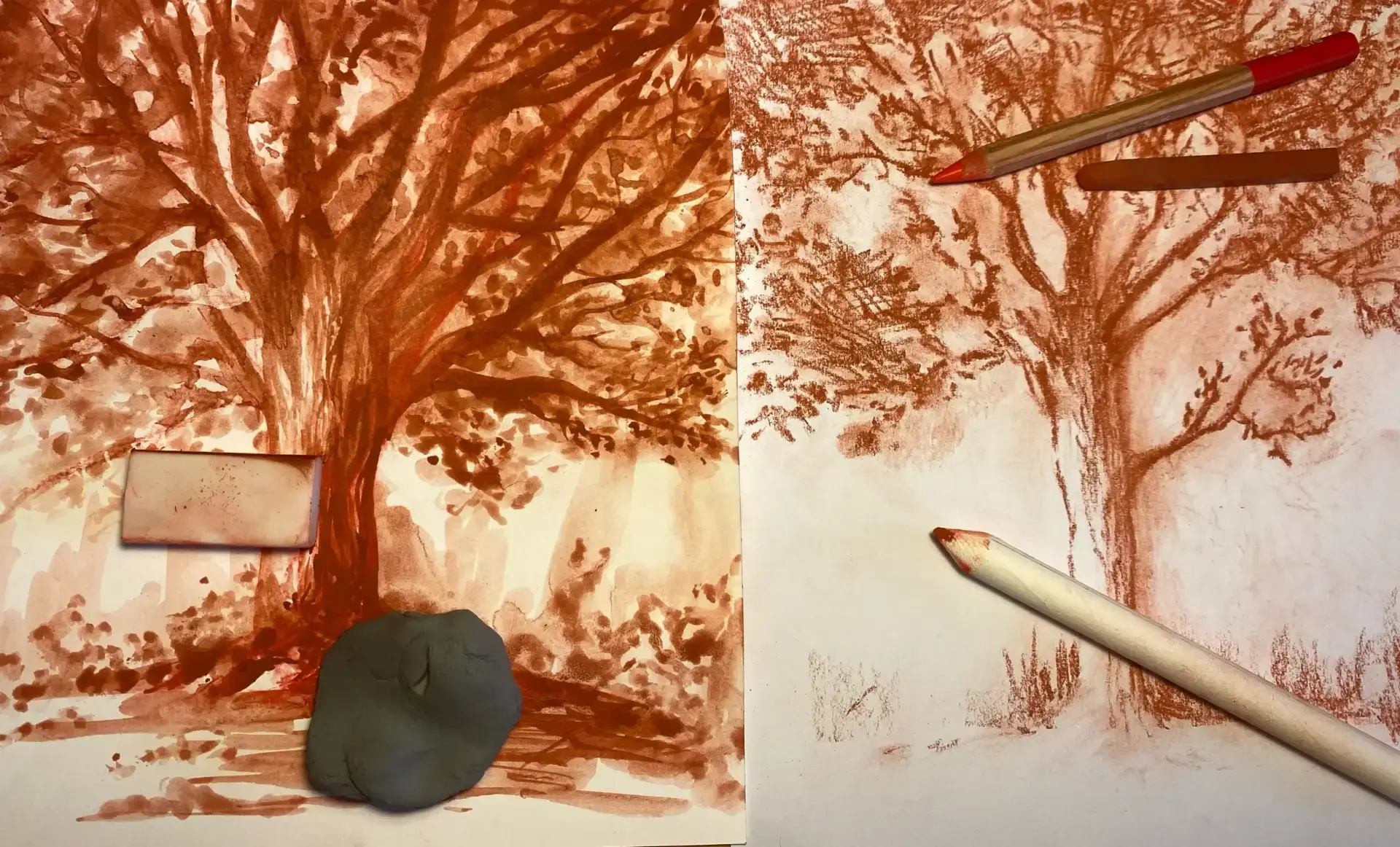 drawing of a tree in wet sanguine