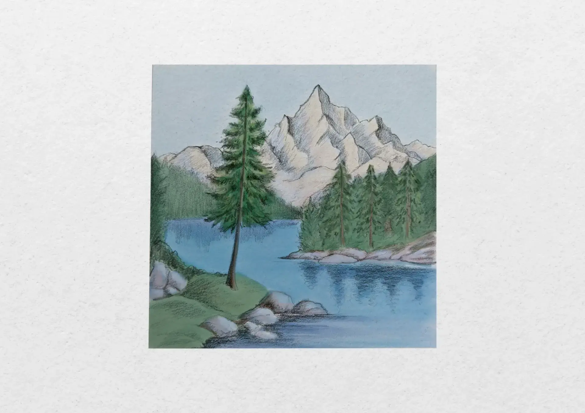 drawing of a lake surrounded by mountains