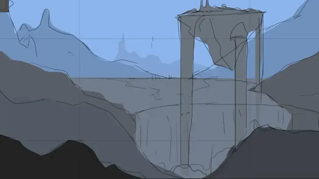 drawing of the base of a fantasy landscape