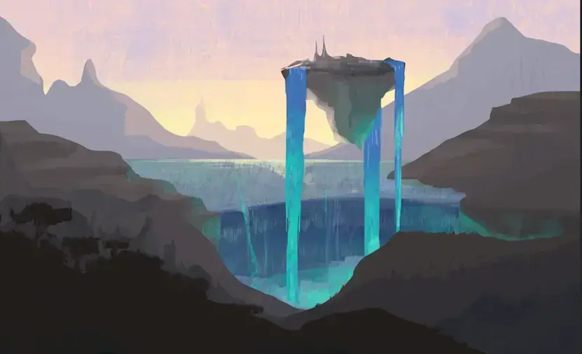 drawing of the magical water in a fantasy landscape