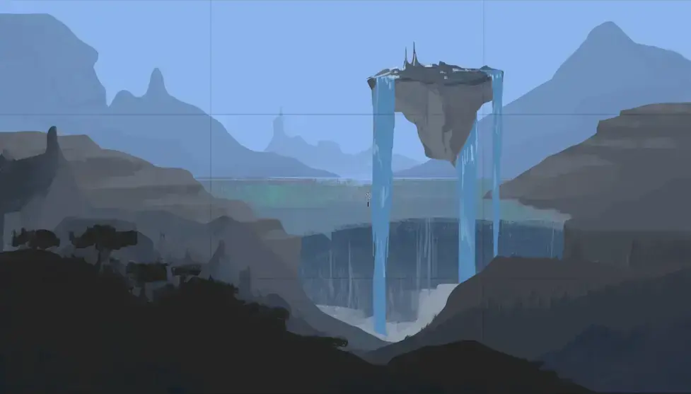 drawing of the mountains in a fantasy landscape