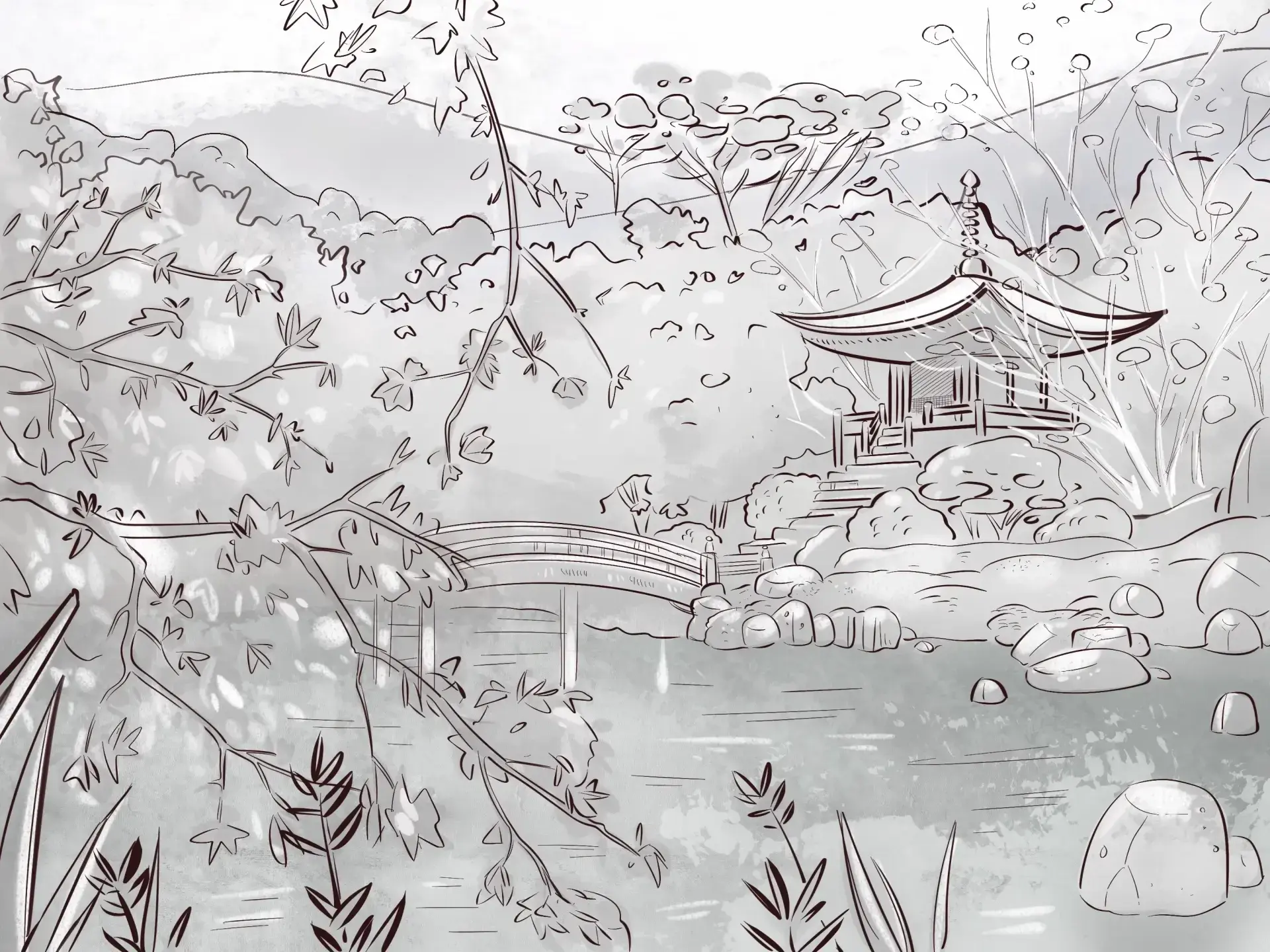 draw the colors of a Japanese landscape