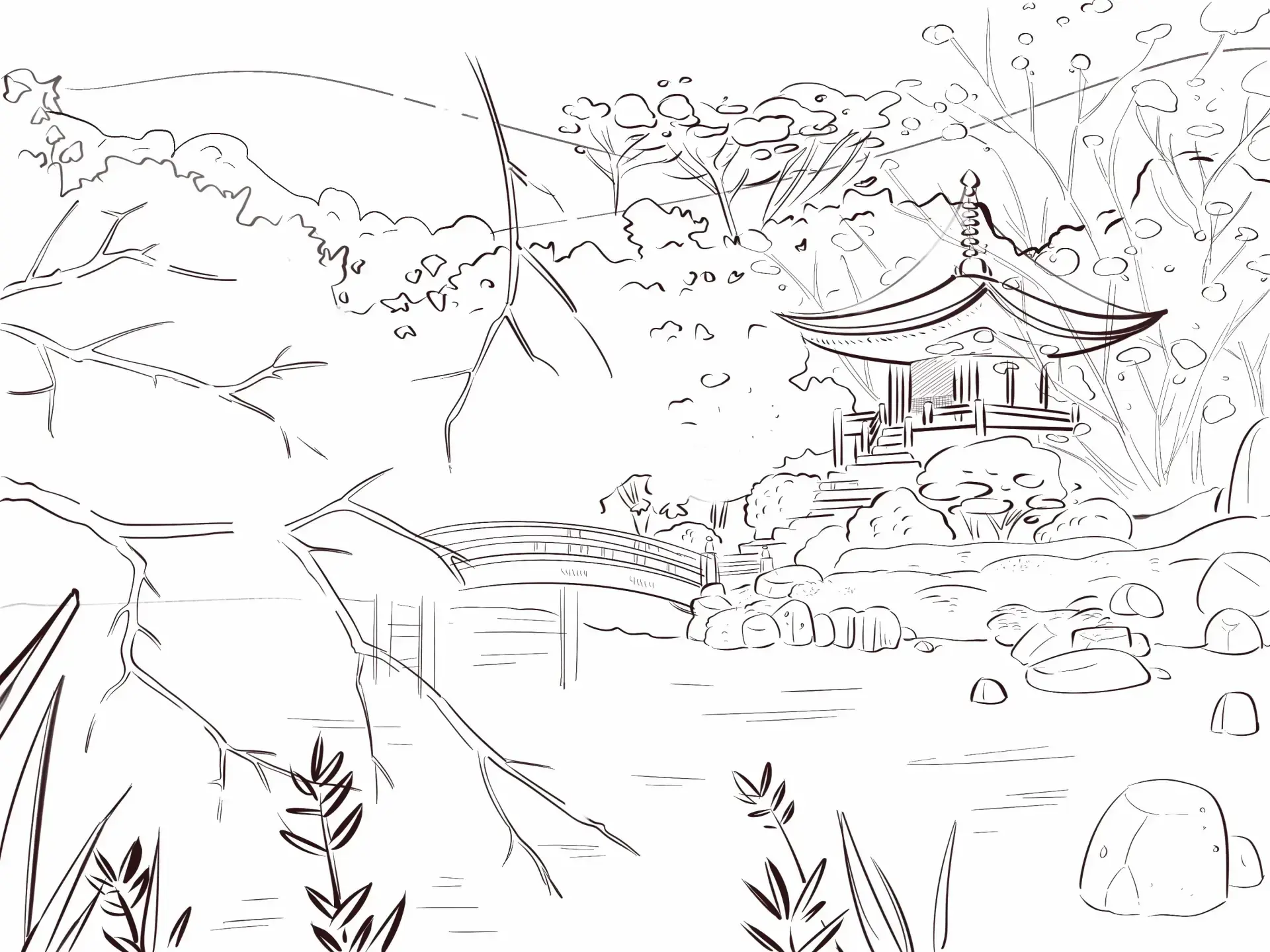 draw the details of a Japanese landscape