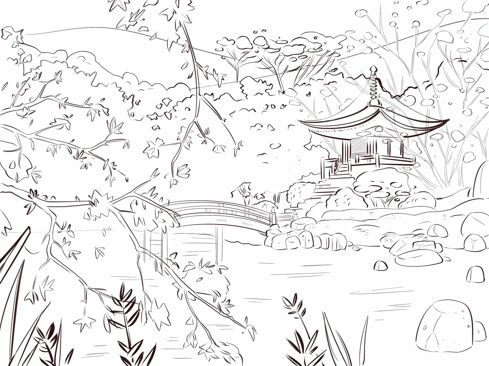draw the leaves of a Japanese landscape