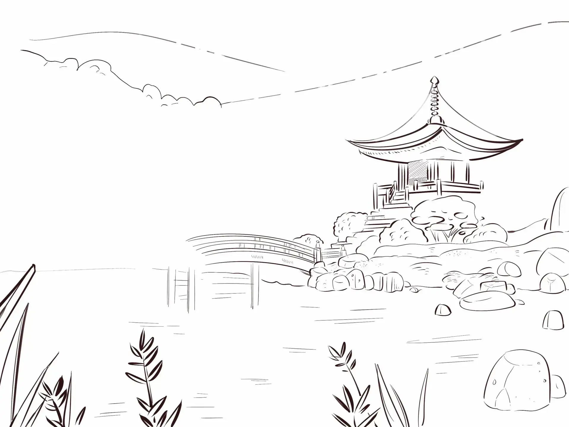 draw a pavilion in a Japanese landscape