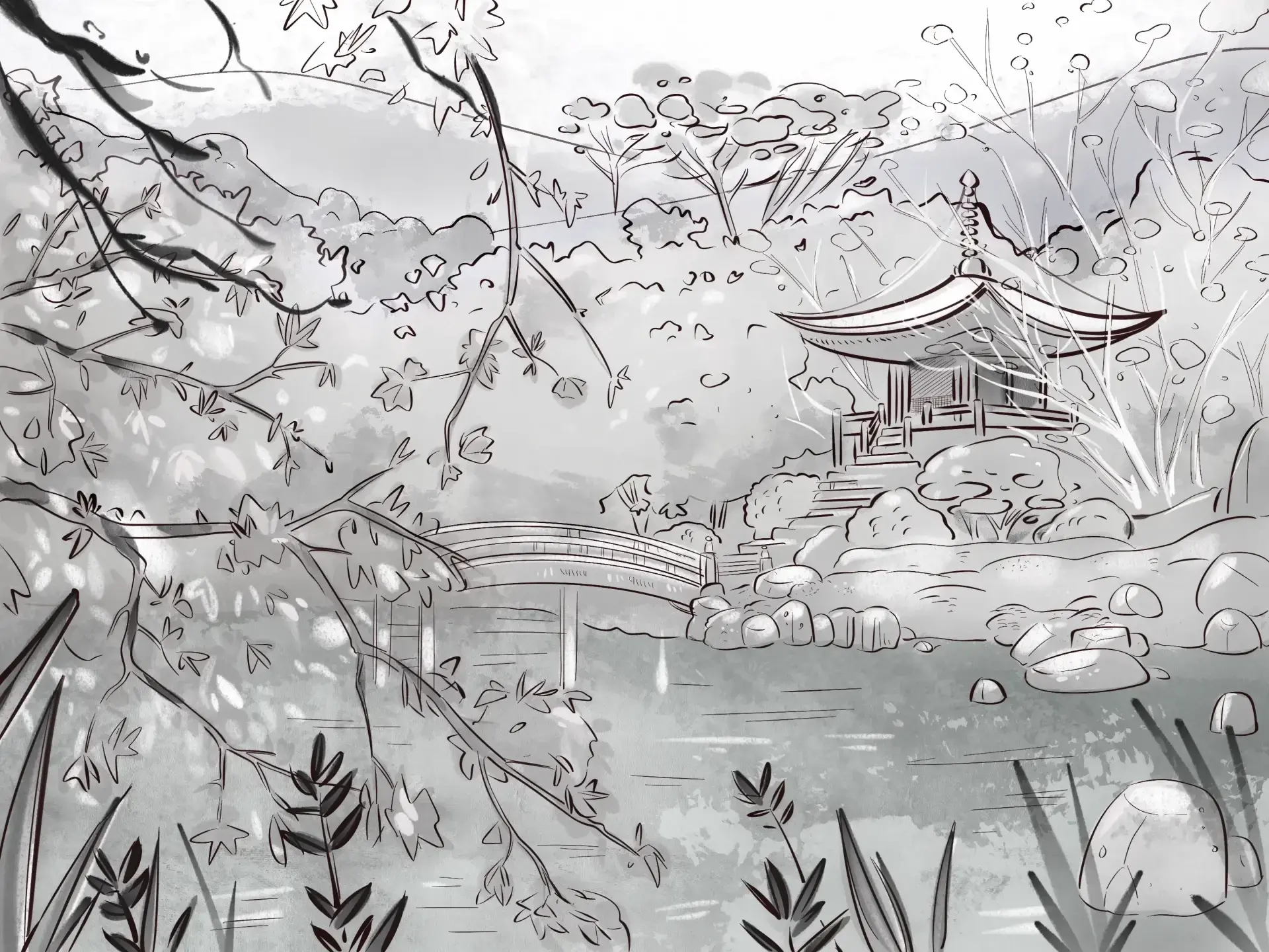 drawing of a Japanese landscape