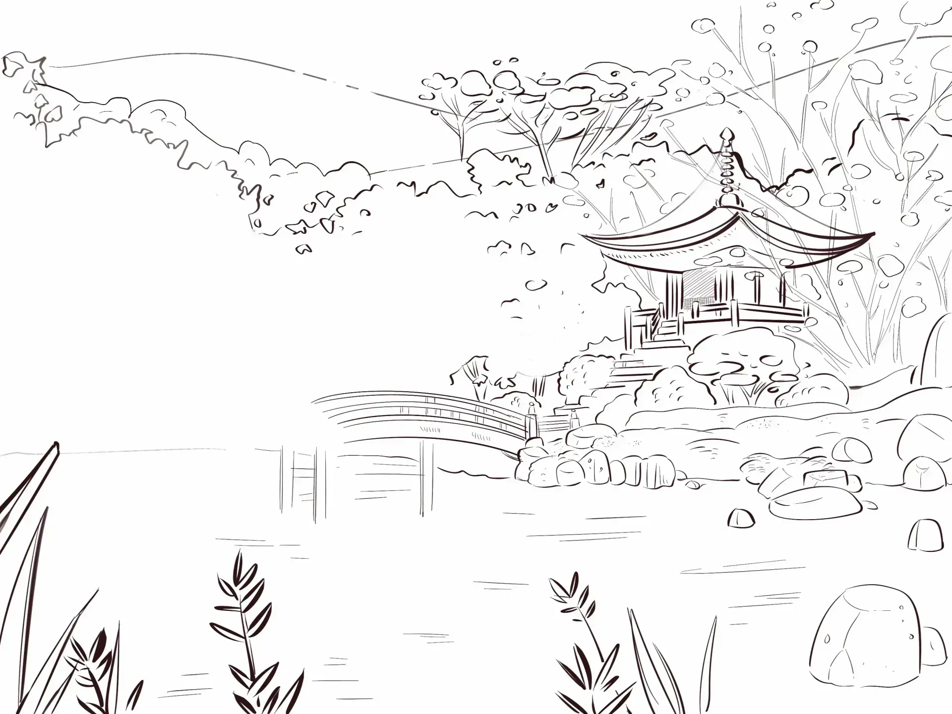 draw the third plan of a Japanese landscape