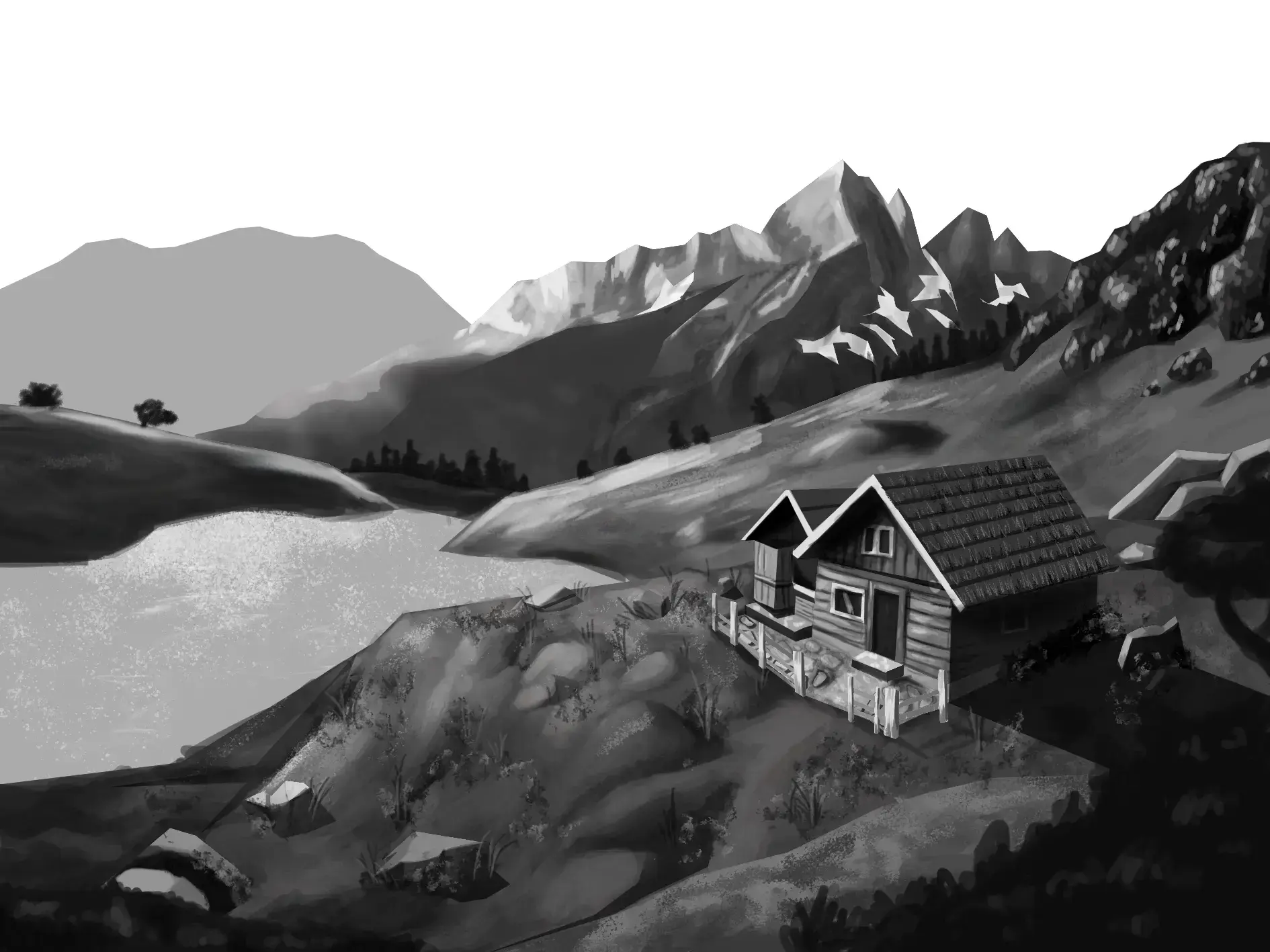 draw the background of a landscape in black and white