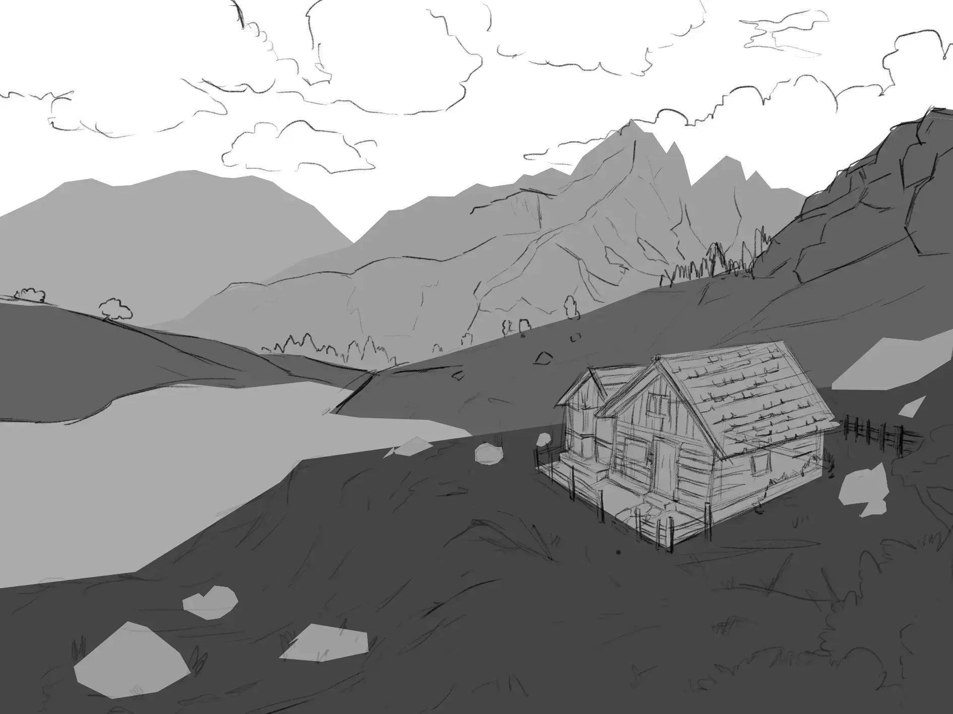 draw the details of a landscape in black and white