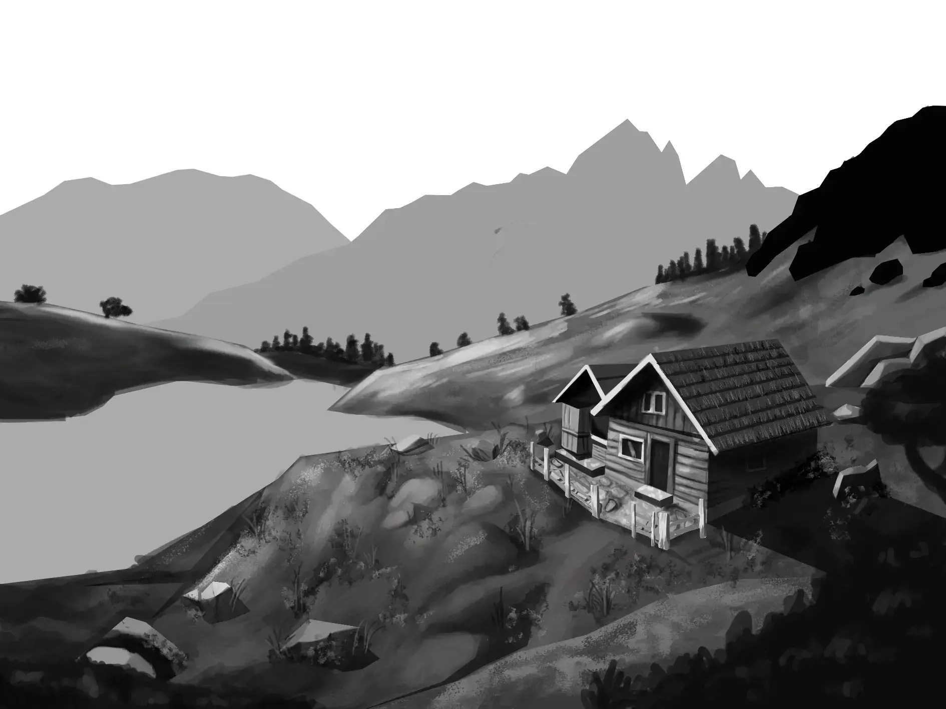 draw the lake of a landscape in black and white