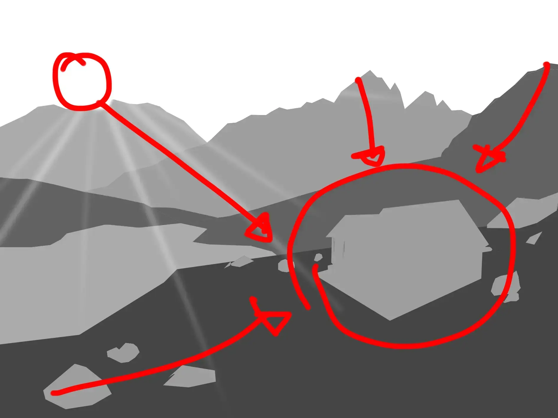 draw the light of a landscape in black and white