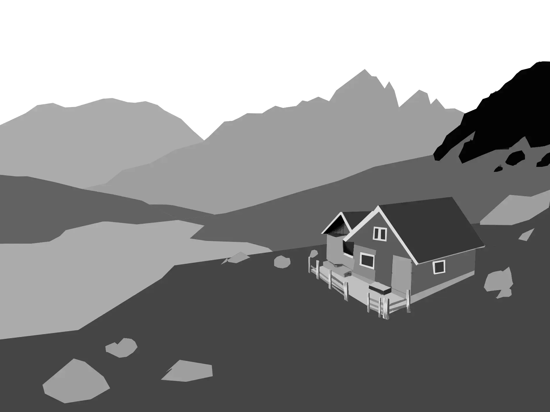 draw a house in a black and white landscape