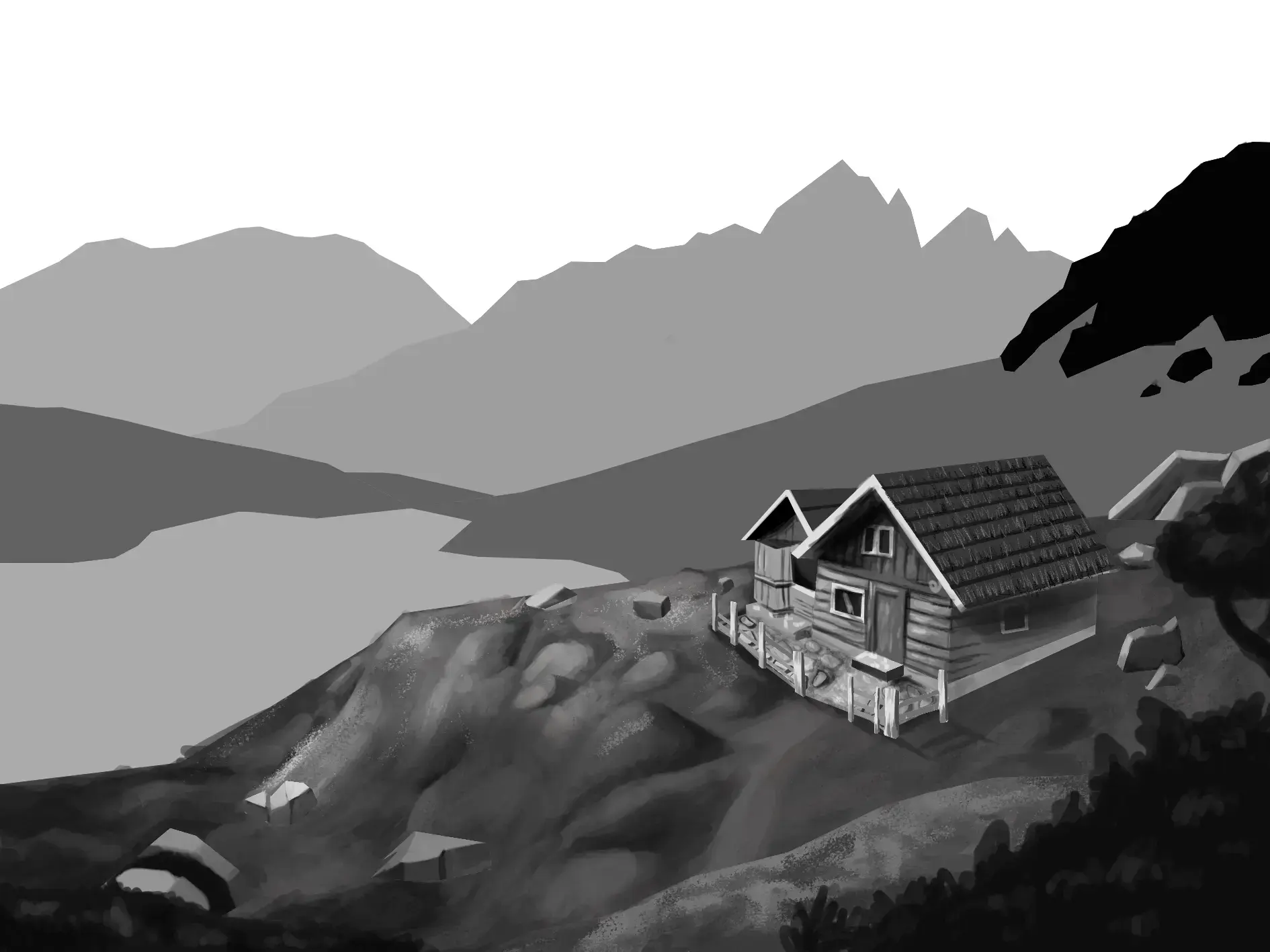 draw the relief of a landscape in black and white