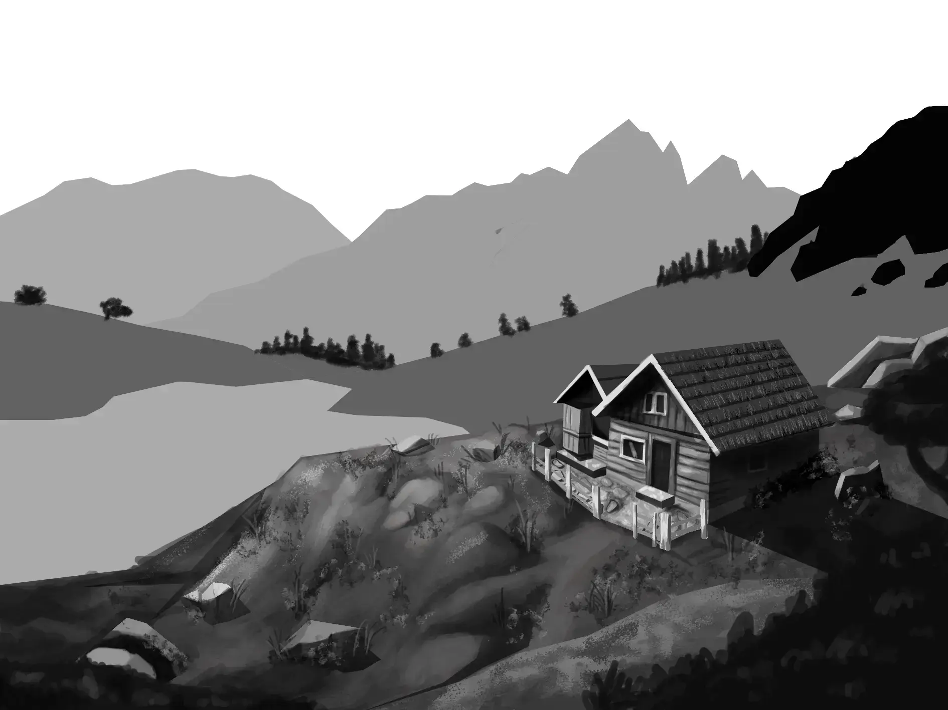 draw the third plan of a landscape in black and white