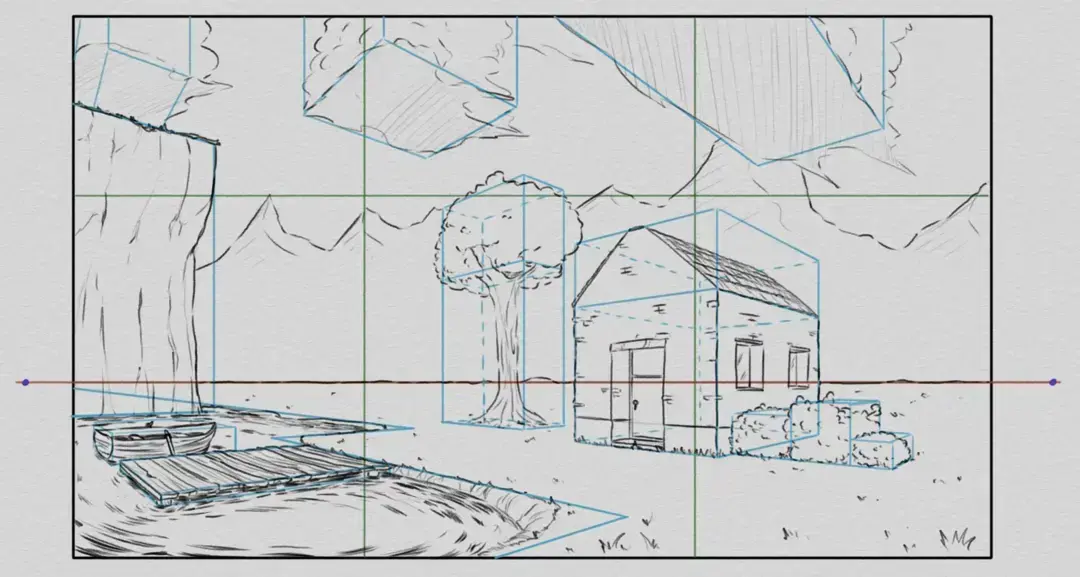 draw the mountains of a landscape in perspective