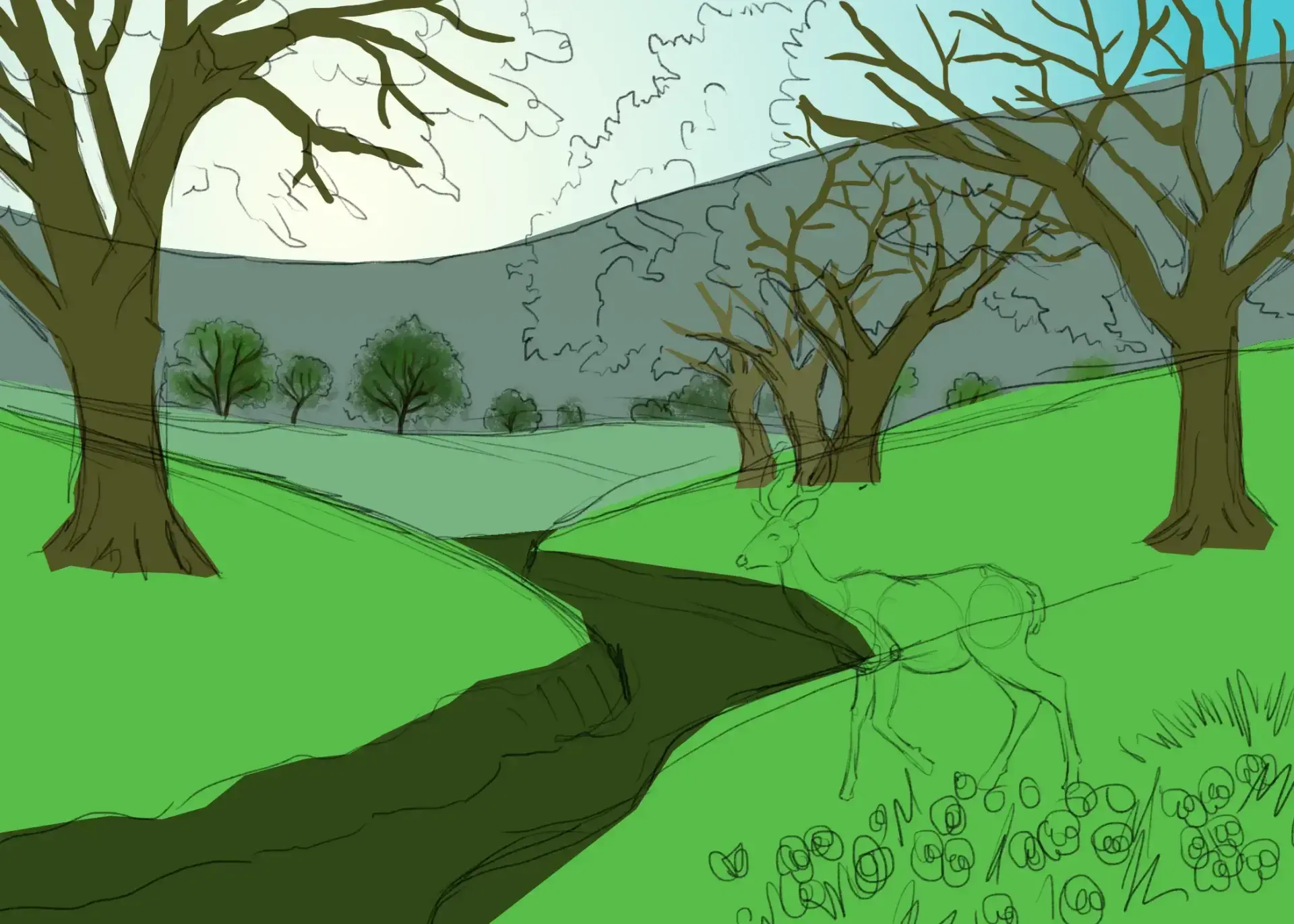 die Zweige der Bäume einer Frühlingslandschaft zeichnen