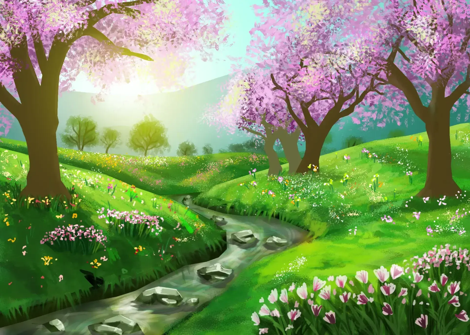 Zeichnen Sie die Details einer Frühlingslandschaft.