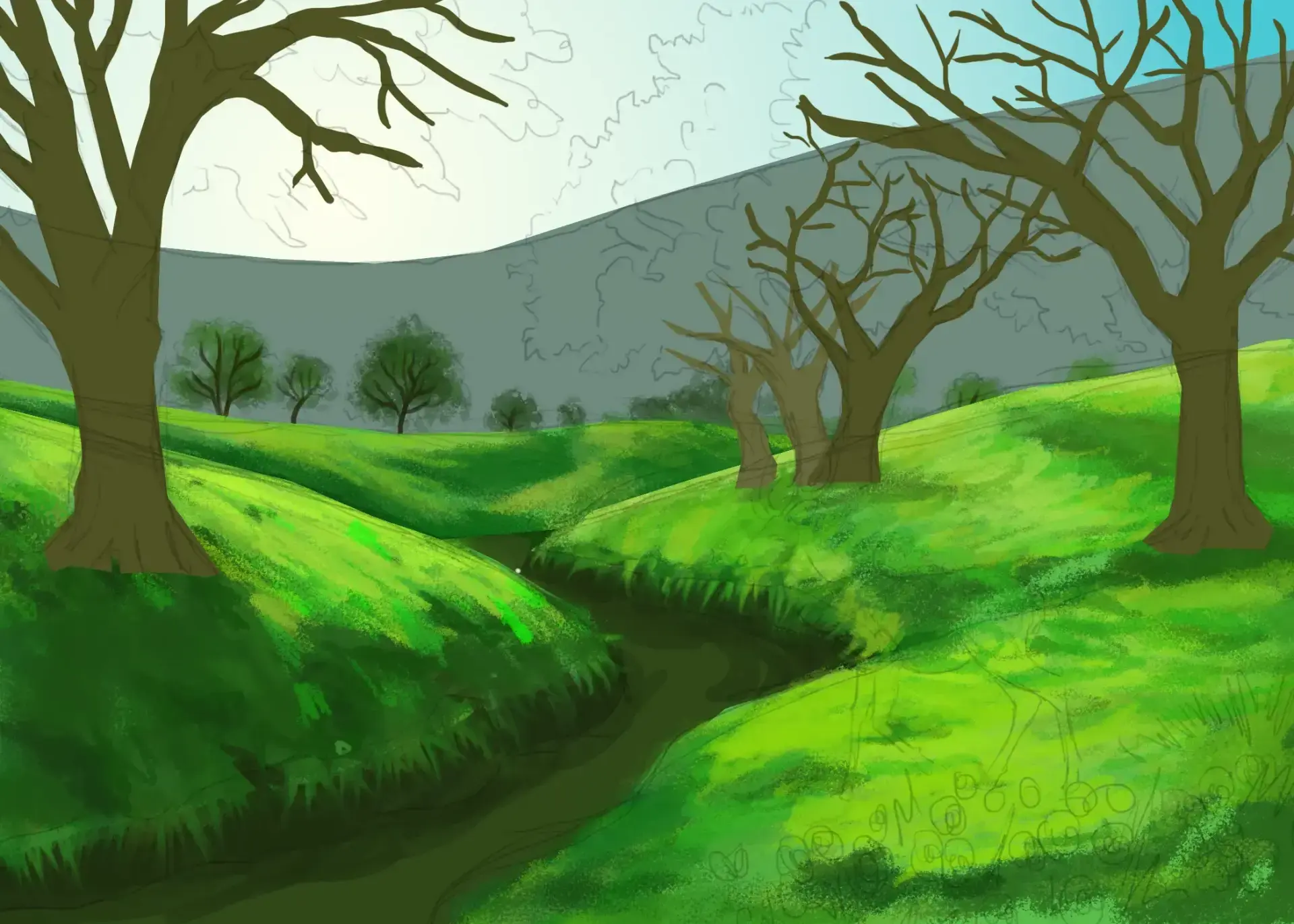 die Textur einer Frühlingslandschaft zeichnen