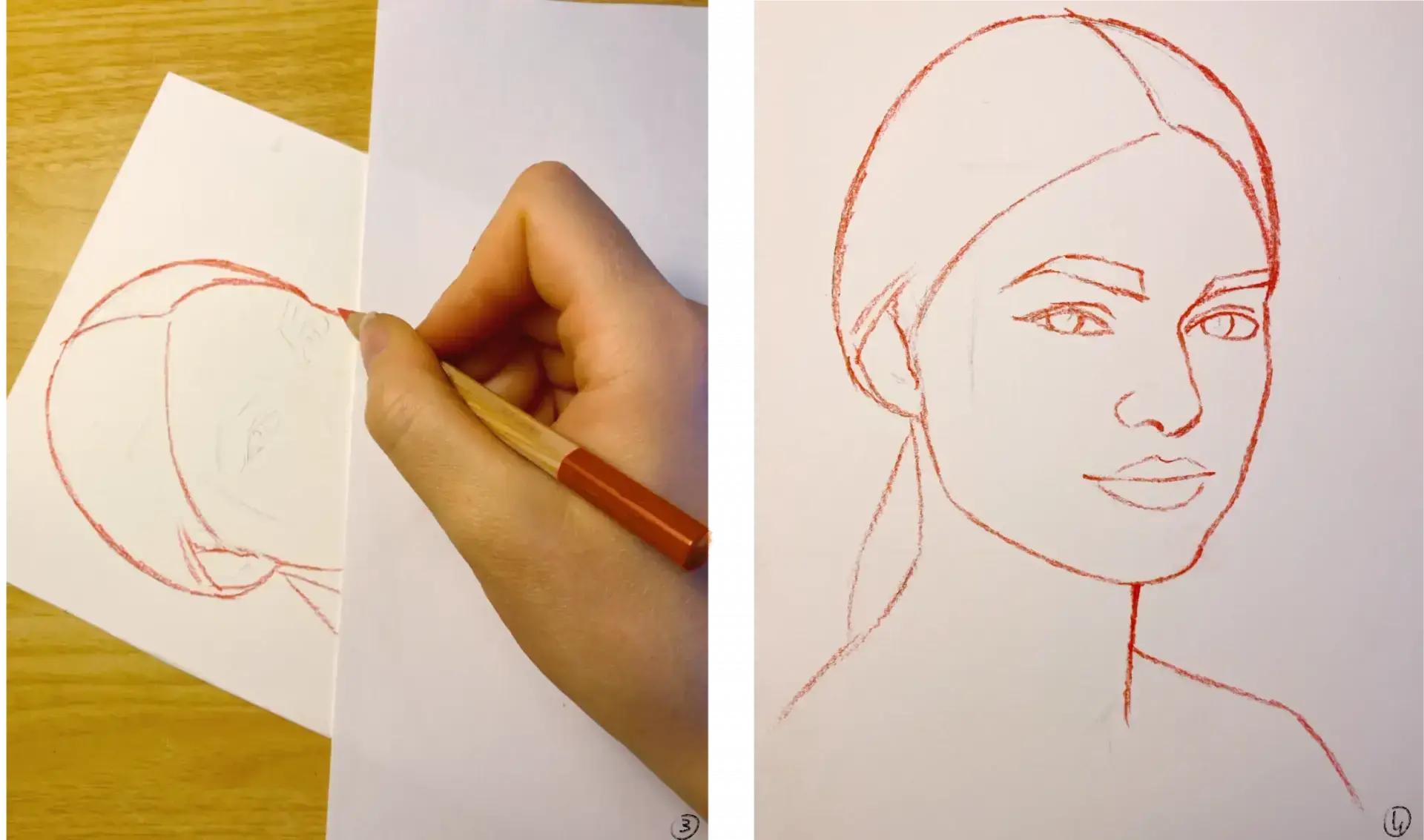 drawing of the volumes of a portrait in red chalk