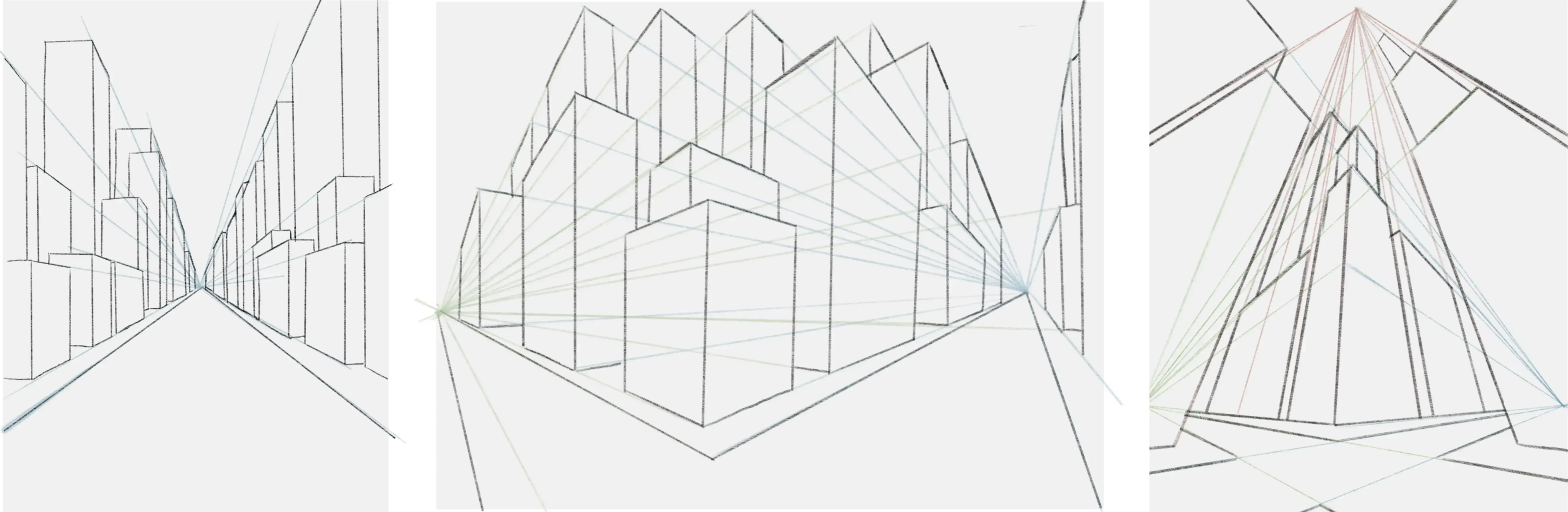 drawing of the volumes of a city in perspective