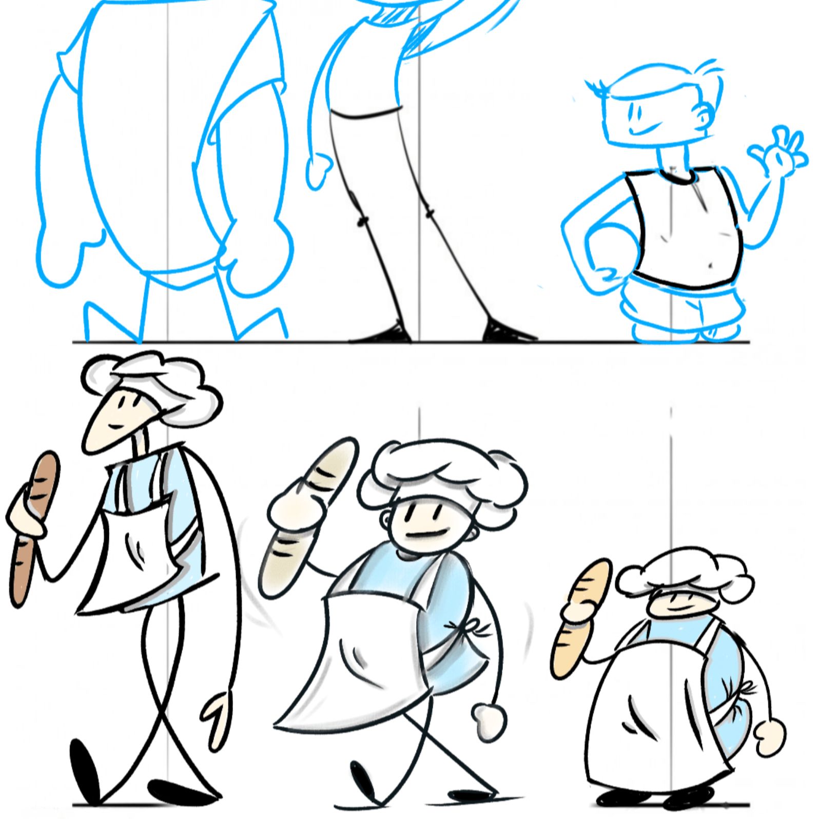 Un boulanger dessiné sous plusieurs angles