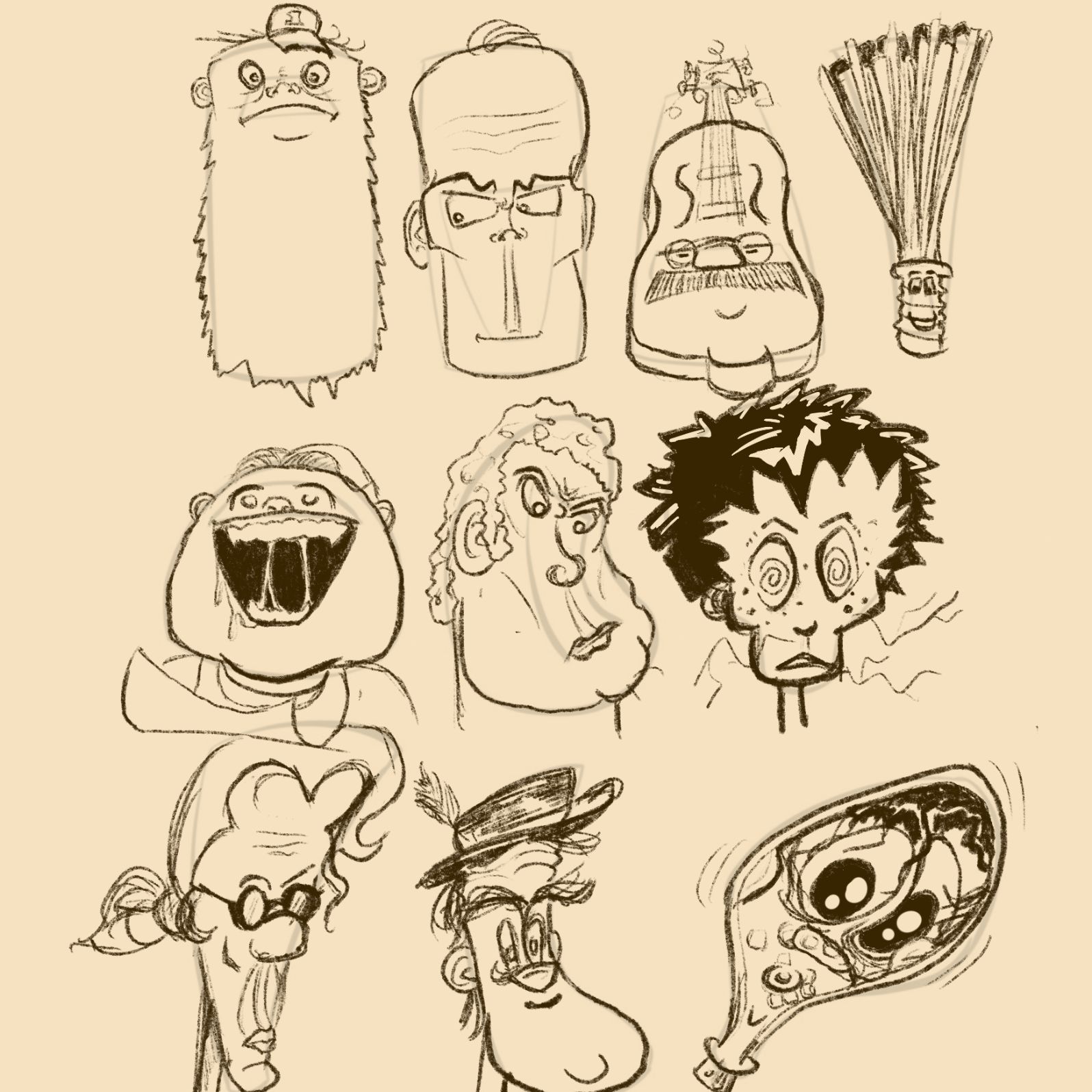 Planche d'études de têtes de personnages