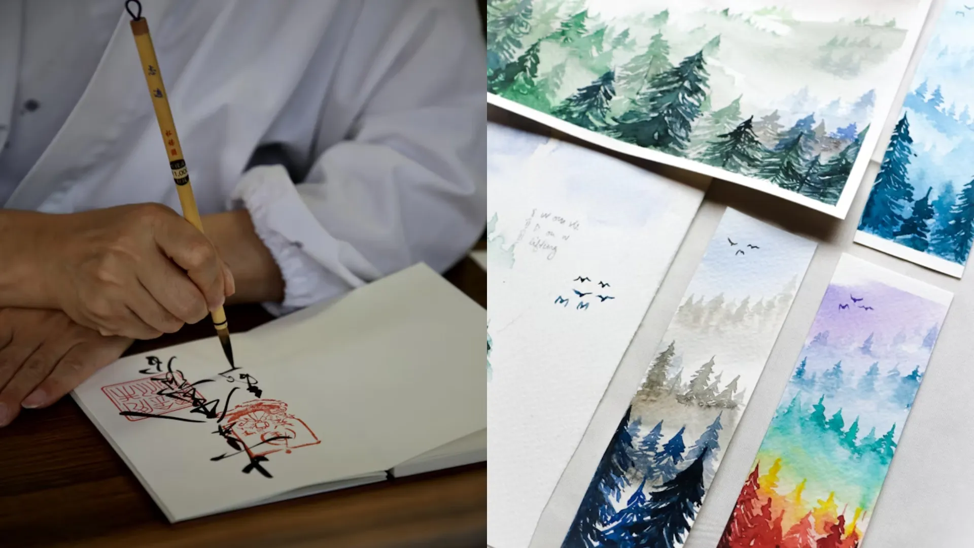 différentes peintures à l’encre de chine et à l’aquarelle