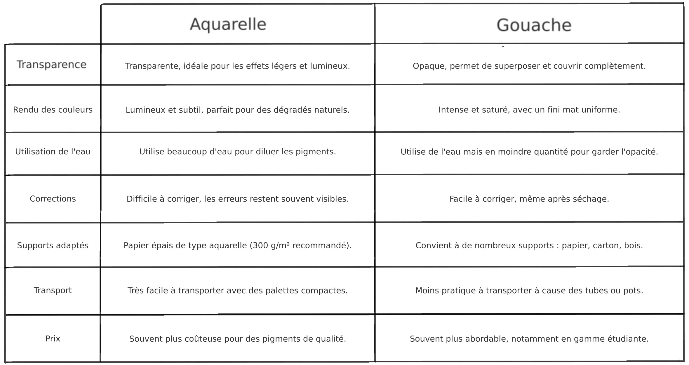 tableau comparatif entre l’aquarelle et la gouache