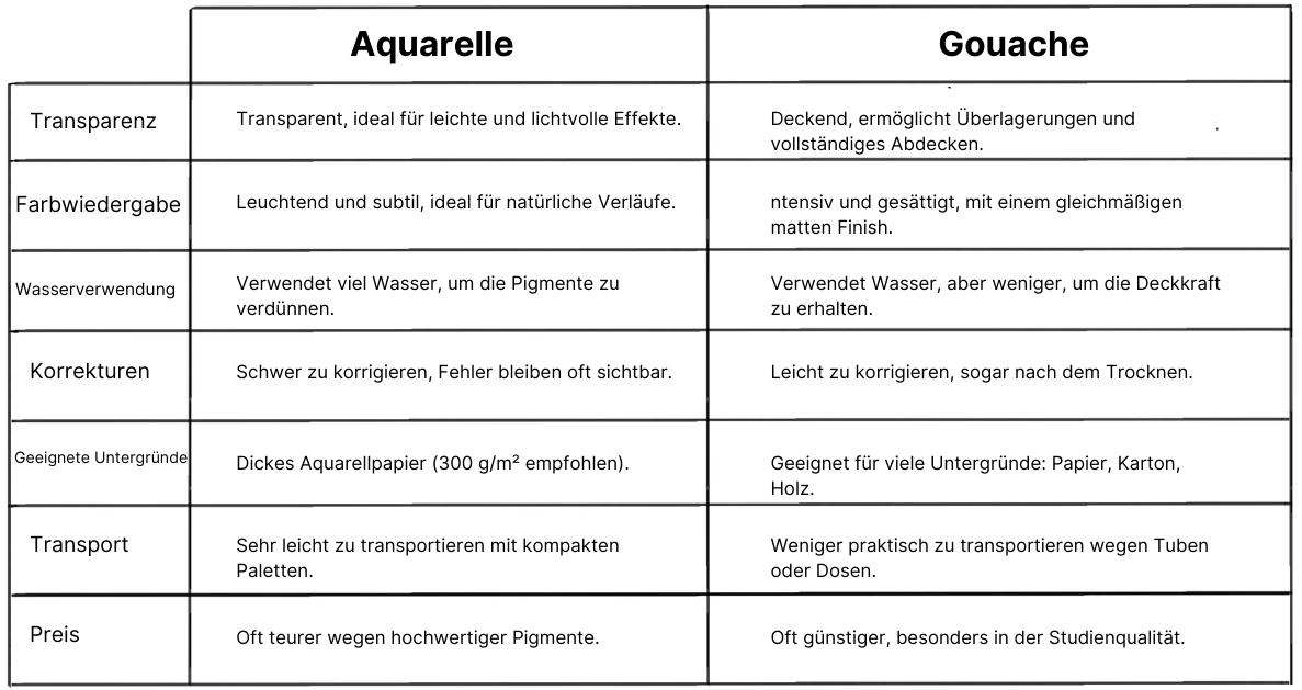 Vergleichstabelle zwischen Aquarell und Gouache