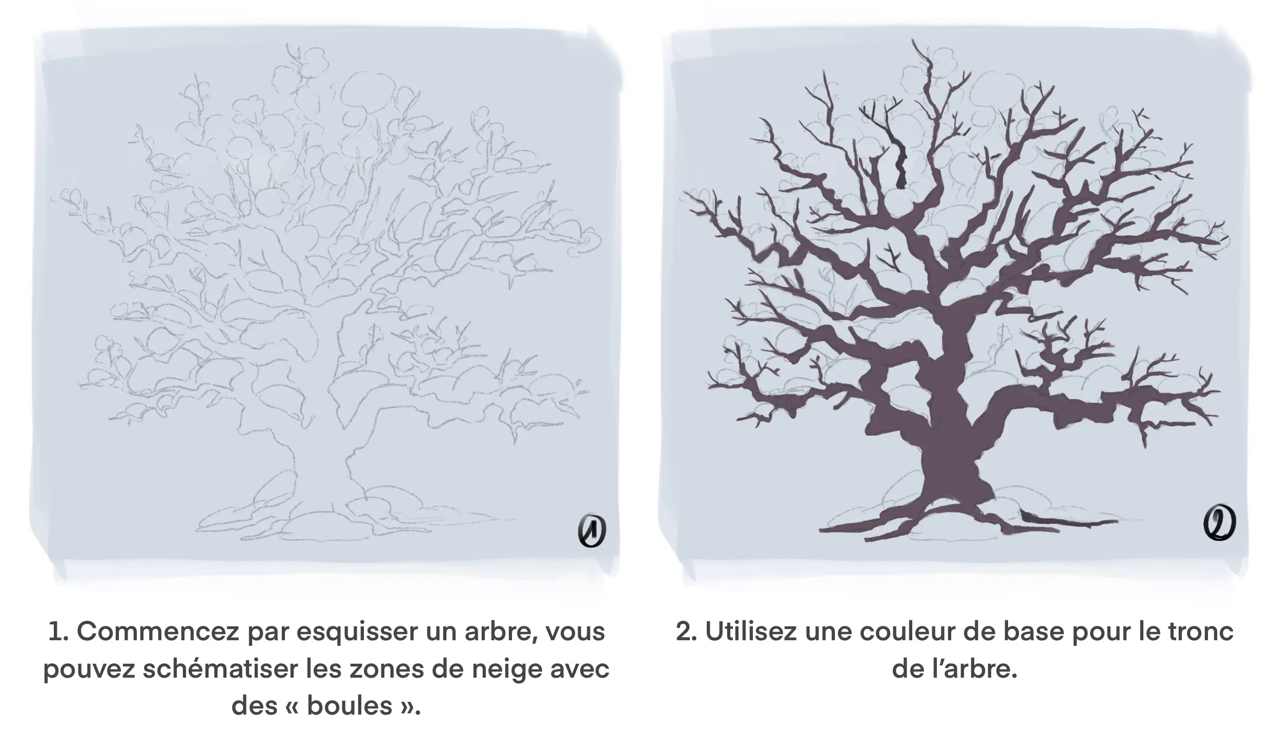 dessiner le tronc d’un arbre enneigé 