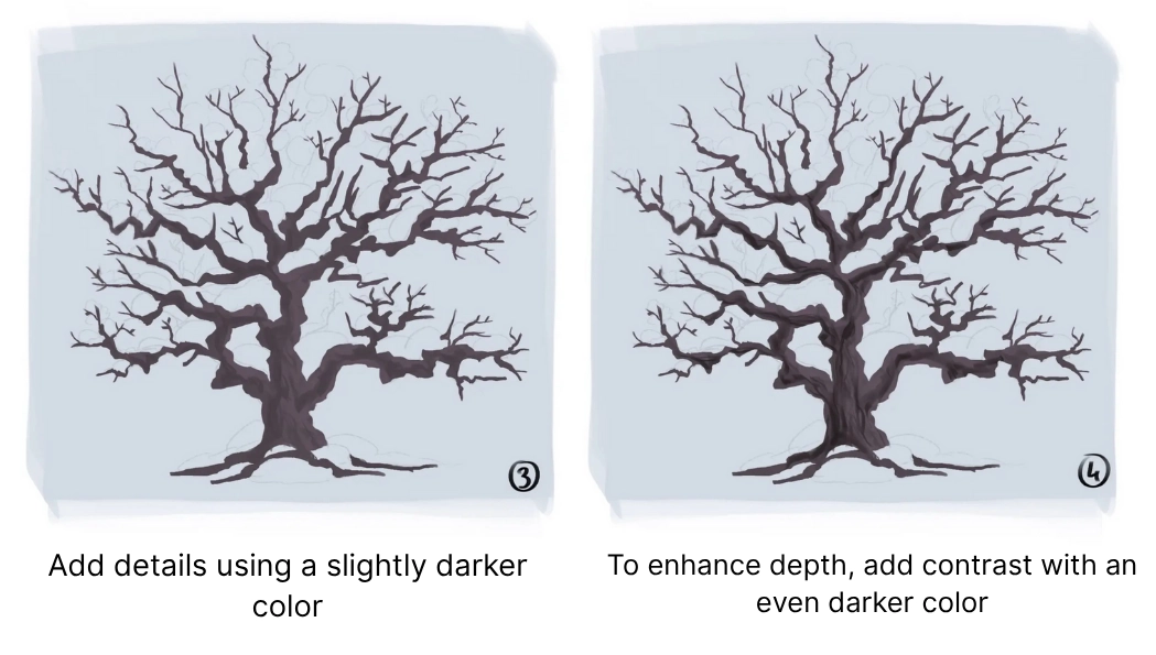 colored drawing of a snowy tree