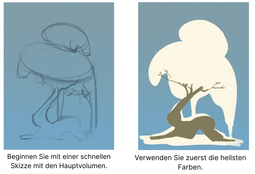 die Farben eines vereinfachten schneebedeckten Baumes zeichnen