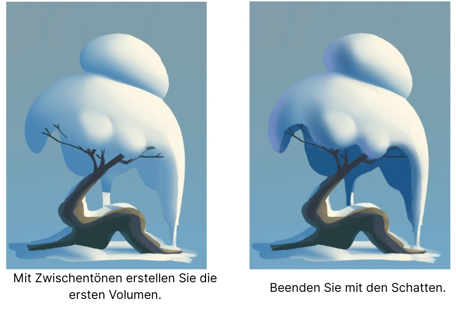 zeichne einen vereinfachten verschneiten Baum