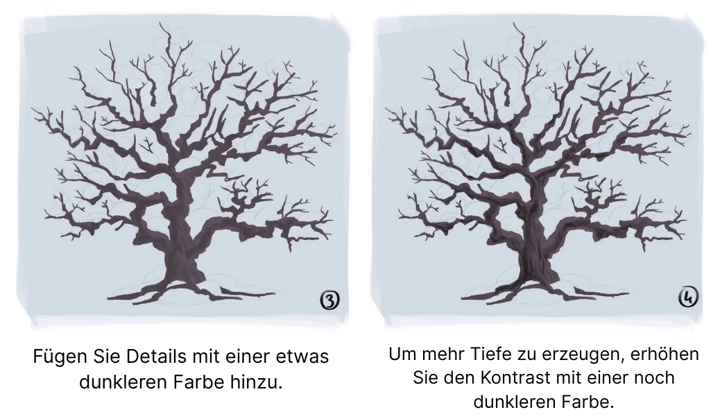 die Farben eines verschneiten Baumes zeichnen