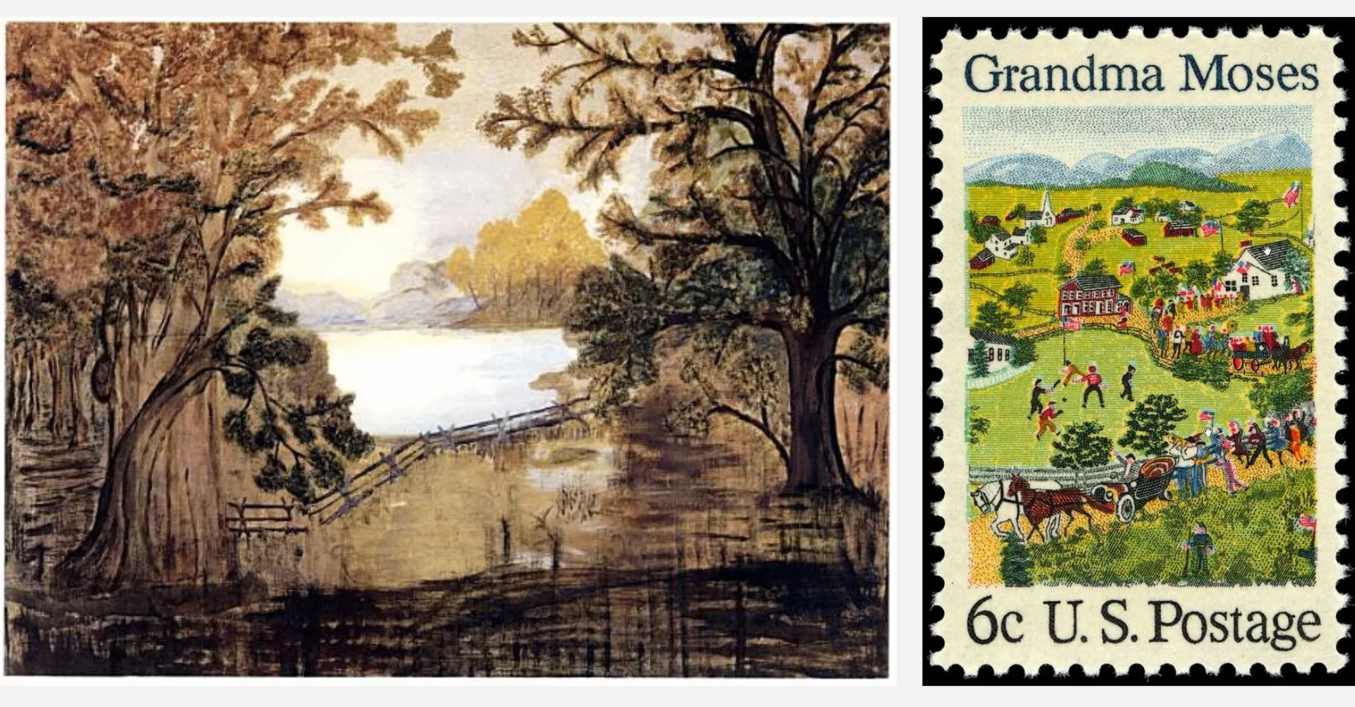 Fireboard et timbre américain reproduisant une œuvre de Grandma Moses