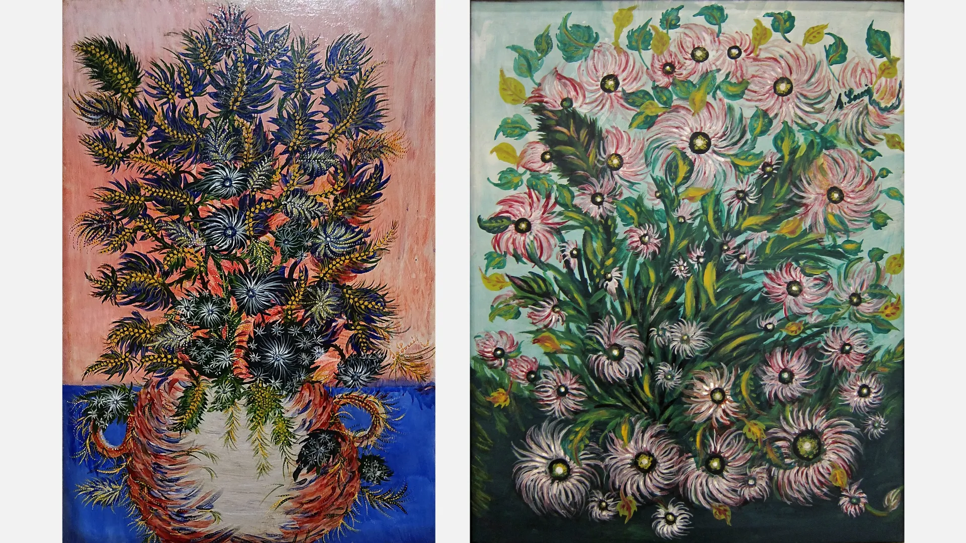 Le Bouquet de mimosas et Le Bouquet de fleurs, peintures de Séraphine Louis