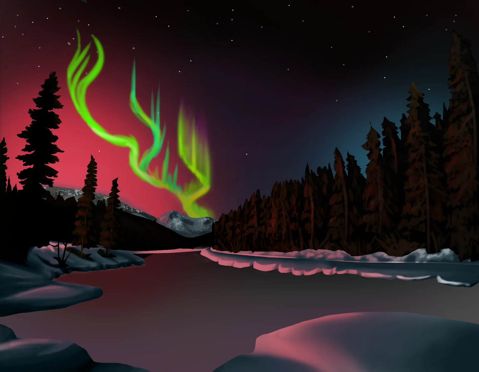 dibujar los detalles de las auroras boreales