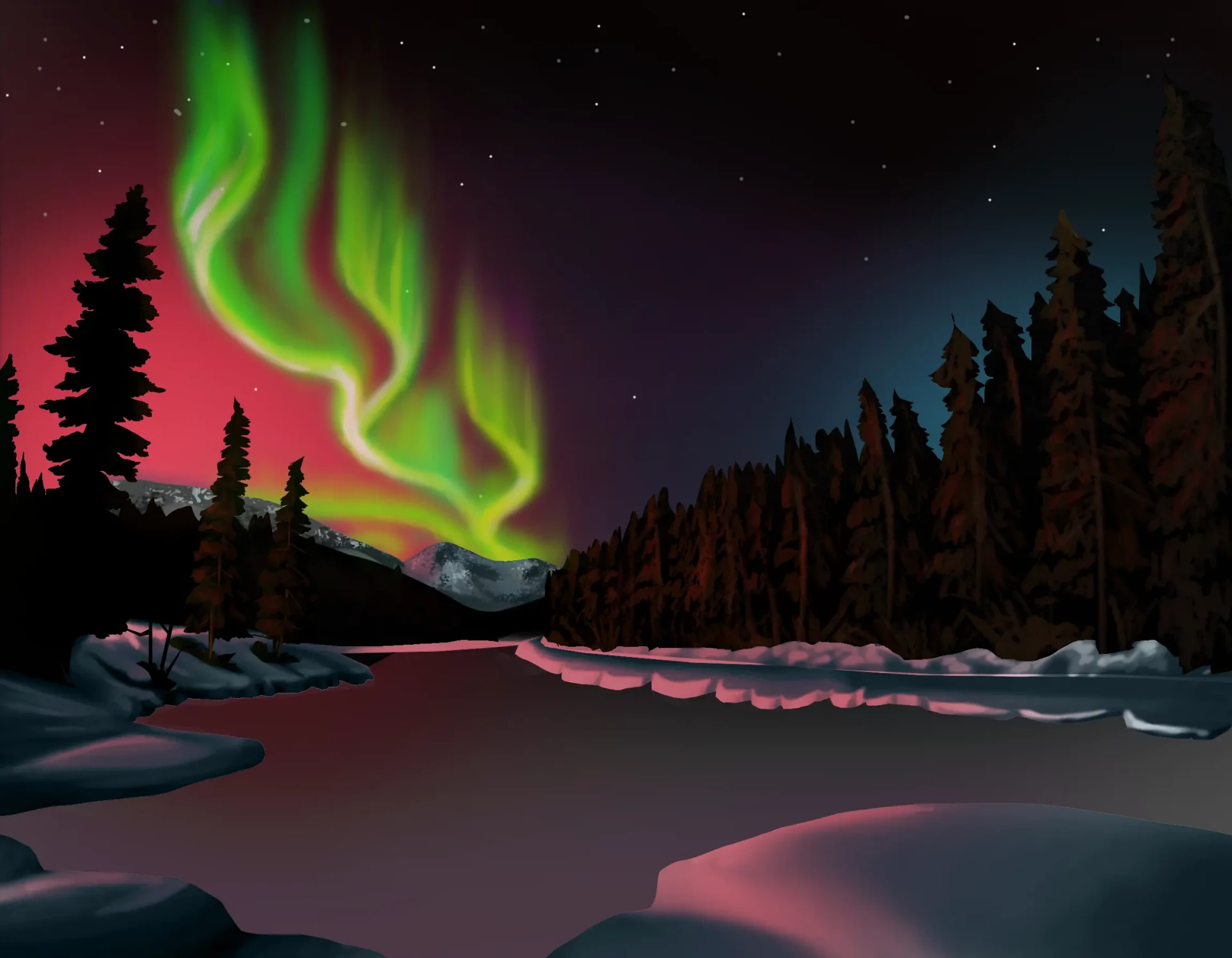 dibujar los reflejos de las auroras boreales