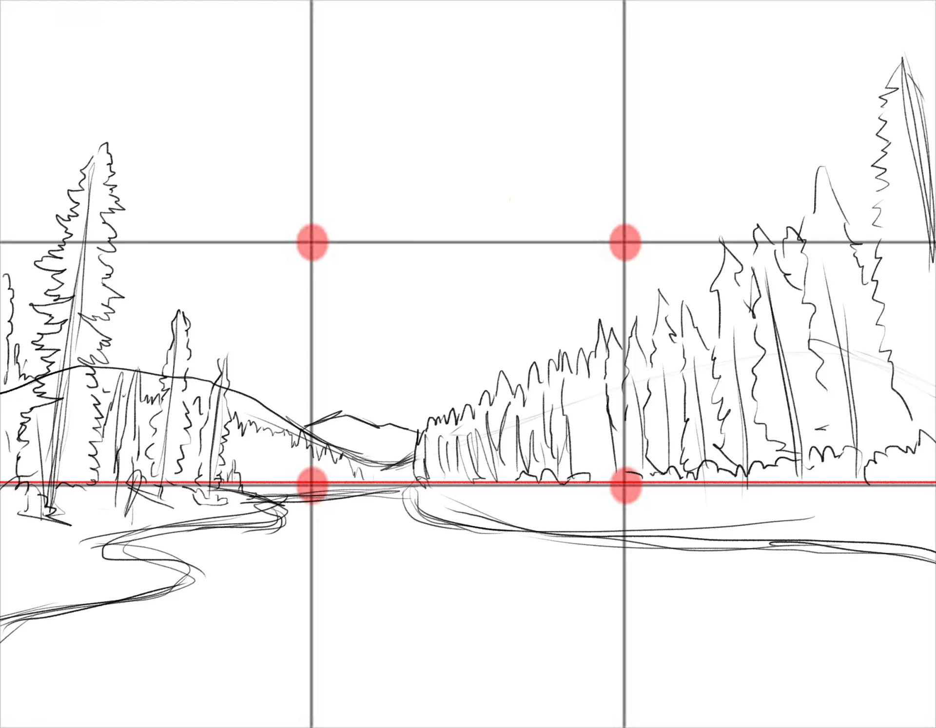 bosquejar el bosque de un dibujo de auroras boreales