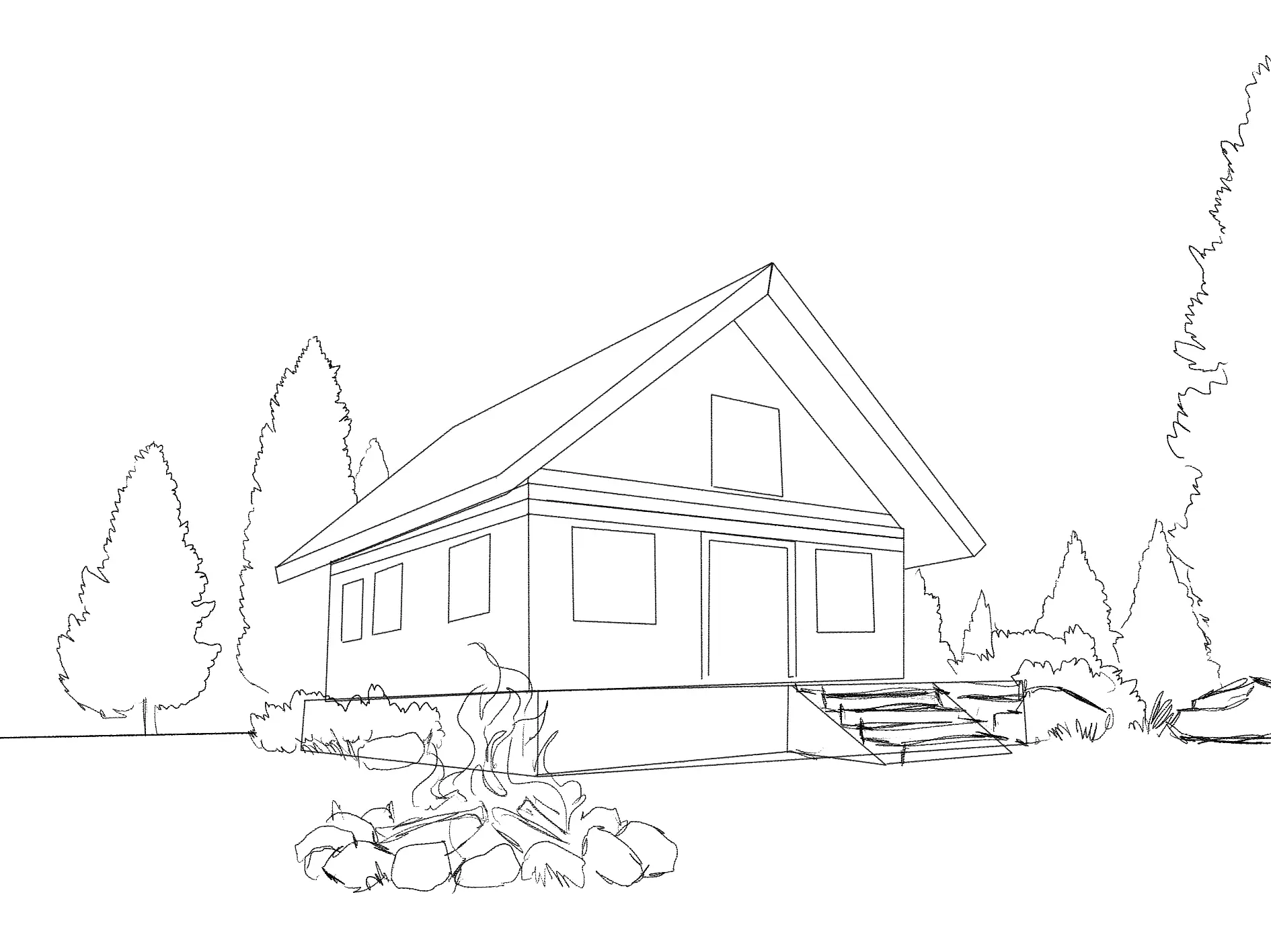 draw trees around a mountain chalet