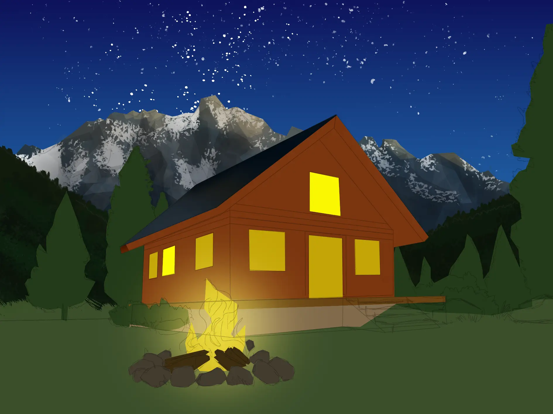 draw the background of a mountain chalet