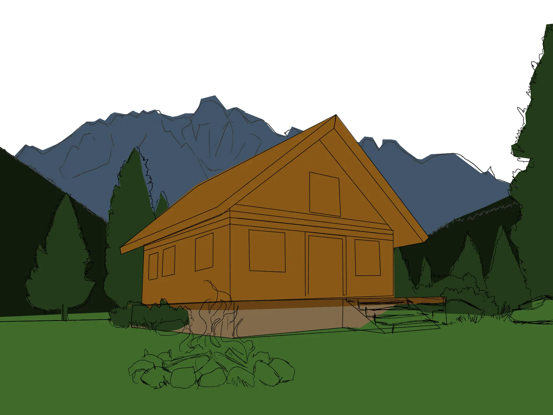 draw the hills around a mountain chalet