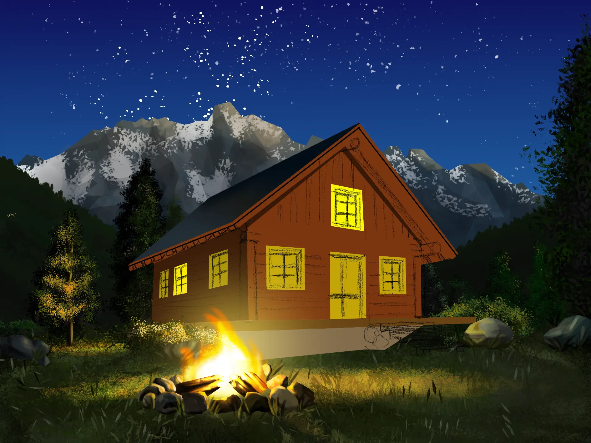 draw the light of a mountain chalet