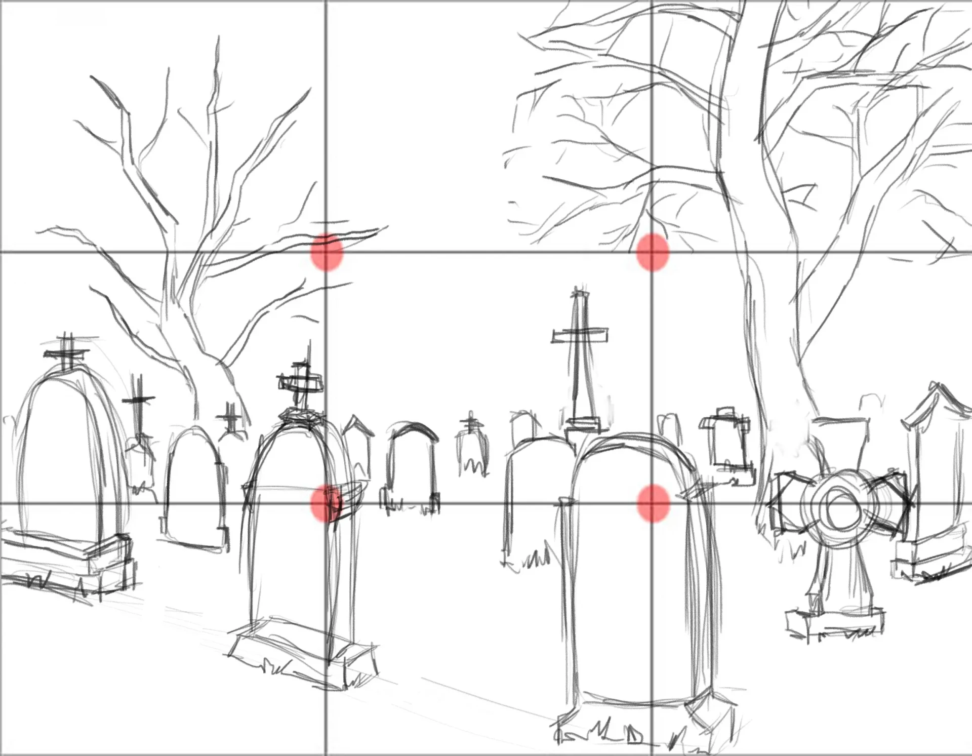 draw the trees of a cemetery