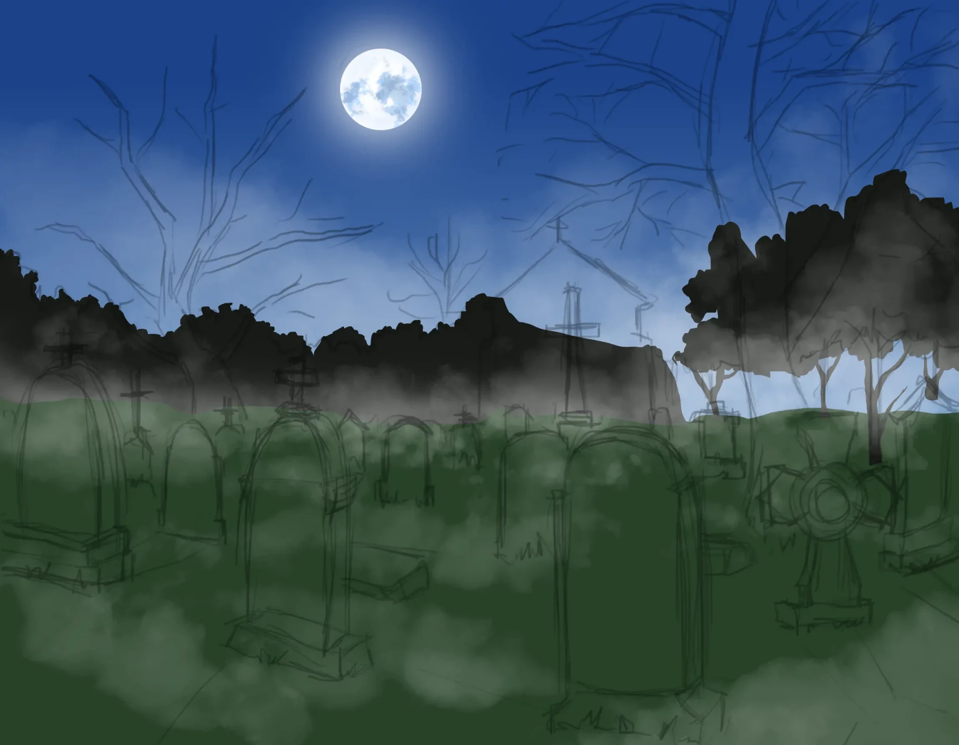 draw the mist of a cemetery