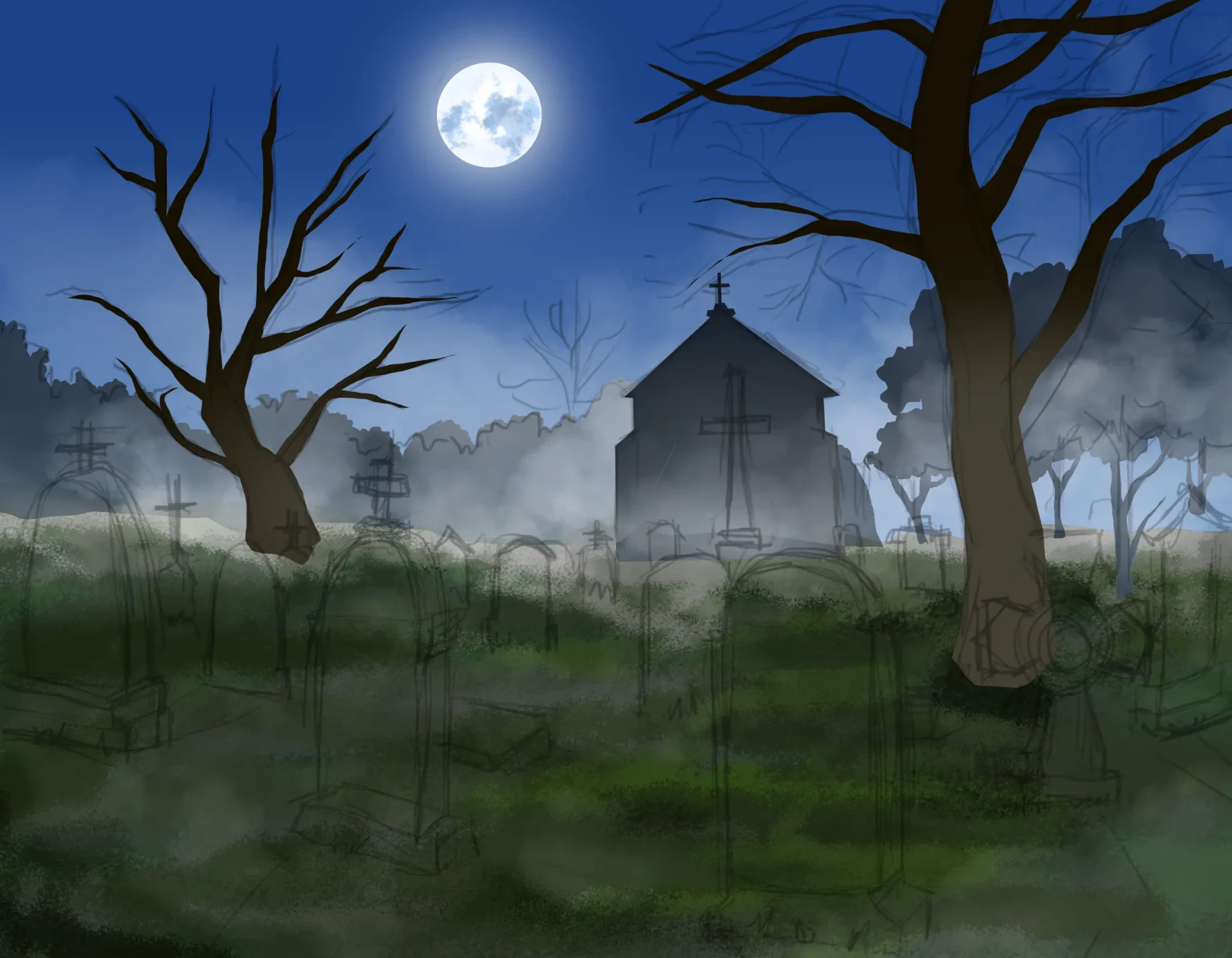 draw the grass of a cemetery