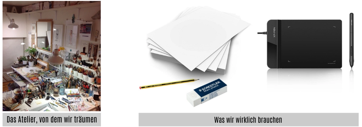 Beispiele für Materialien, um gut mit dem Zeichnen zu beginnen