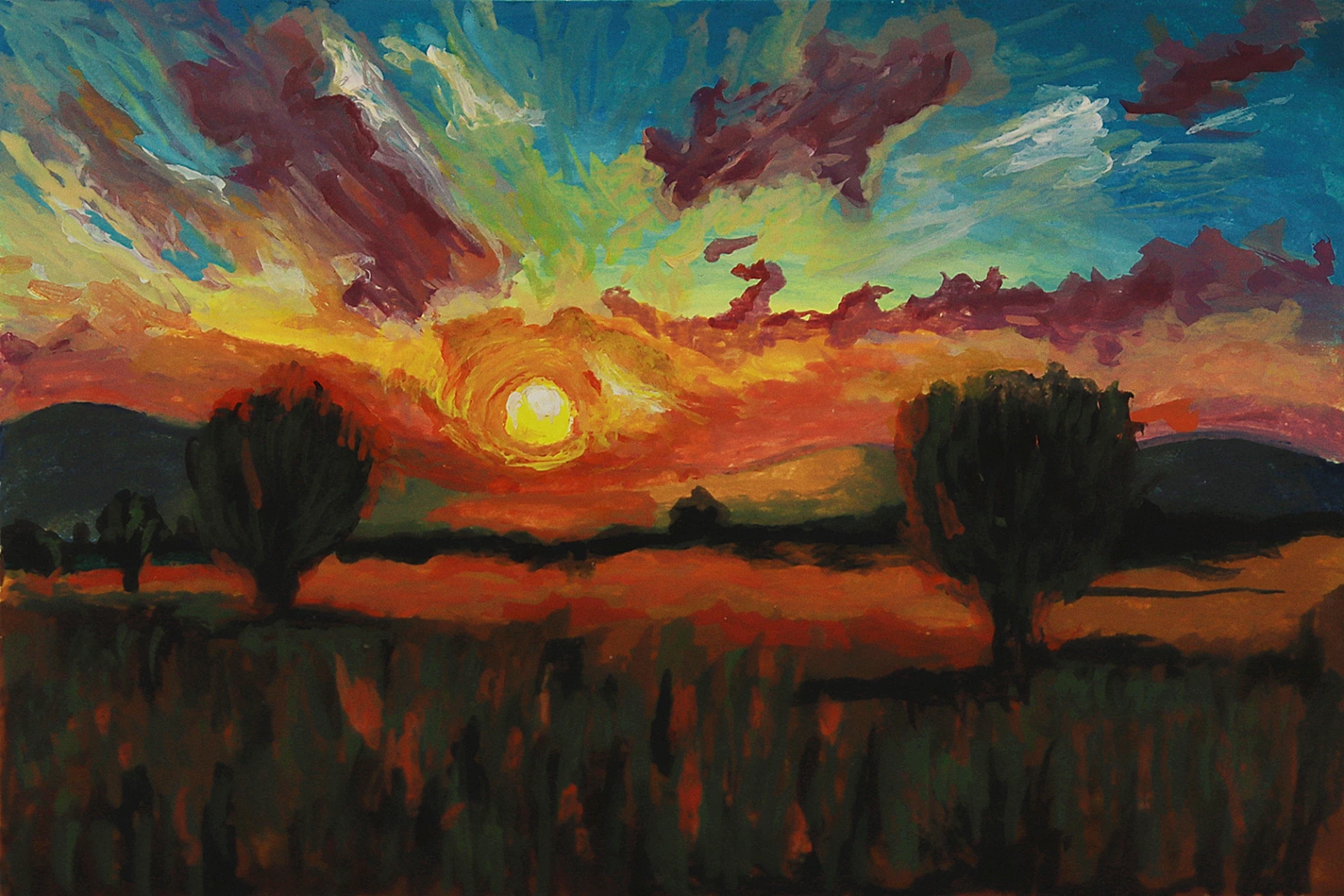 Bäume bei einem Sonnenuntergang mit Acryl malen