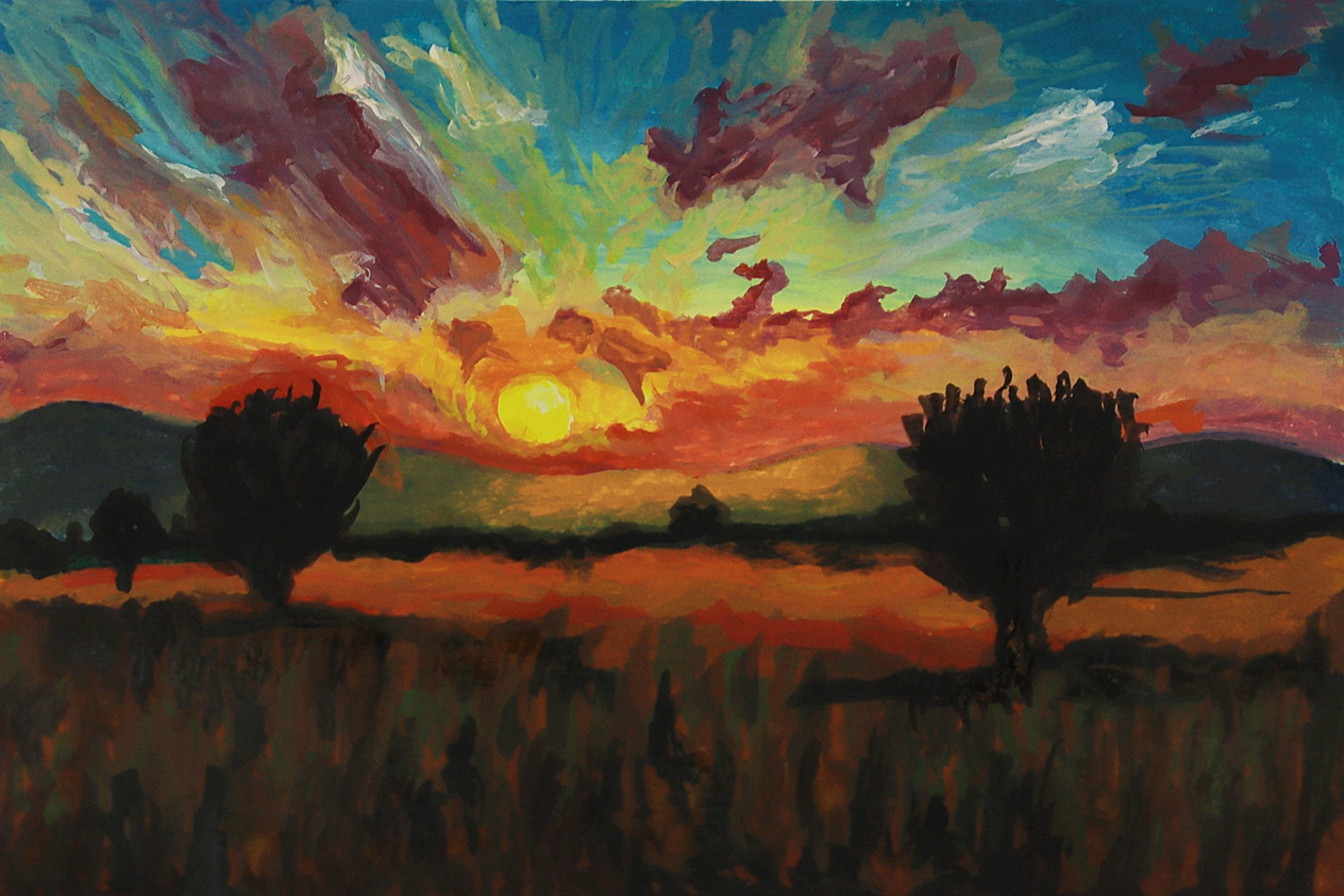 Malen Sie die Vegetation bei einem Sonnenuntergang mit Acryl
